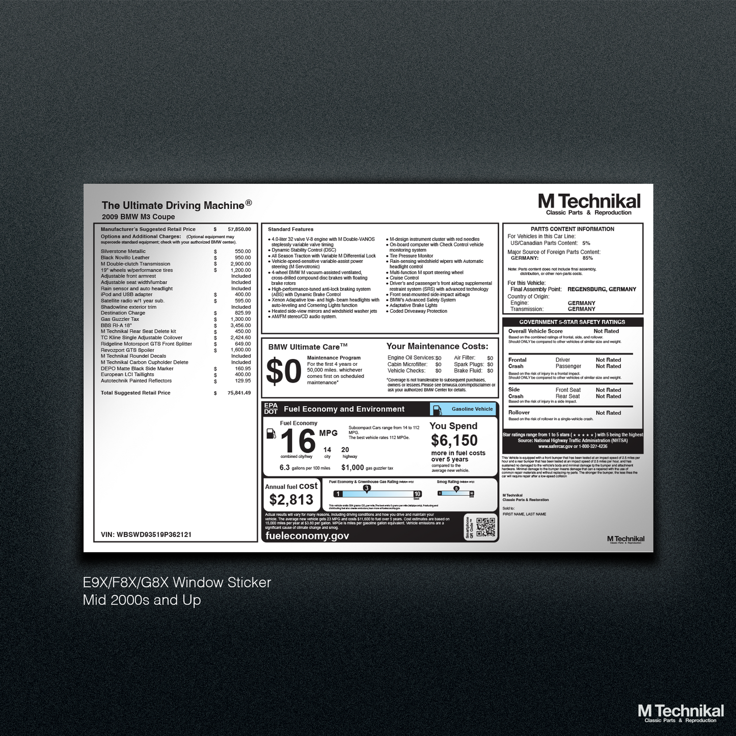 M Technikal Reproduction BMW Monroney Window Sticker